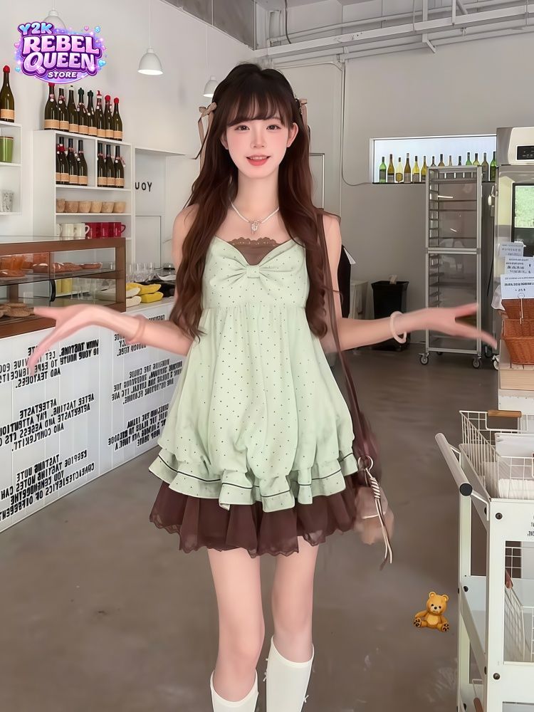 Elastic Lace Trim - Robe Mini Coquette Coréenne à Pois